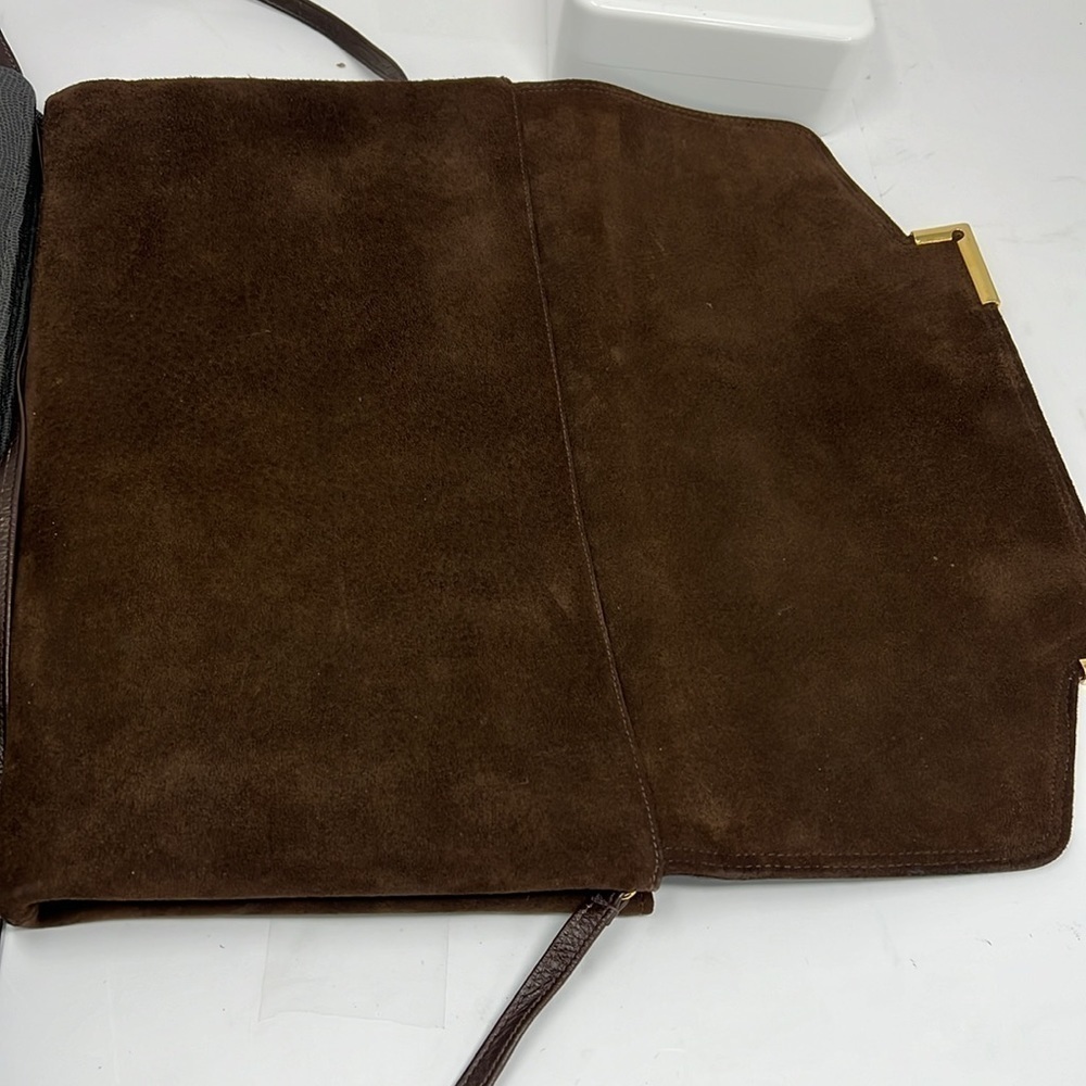 Block Brown Suede Envelope Snap Closure Shoulder Clutch Bag - Picture 11 of 12